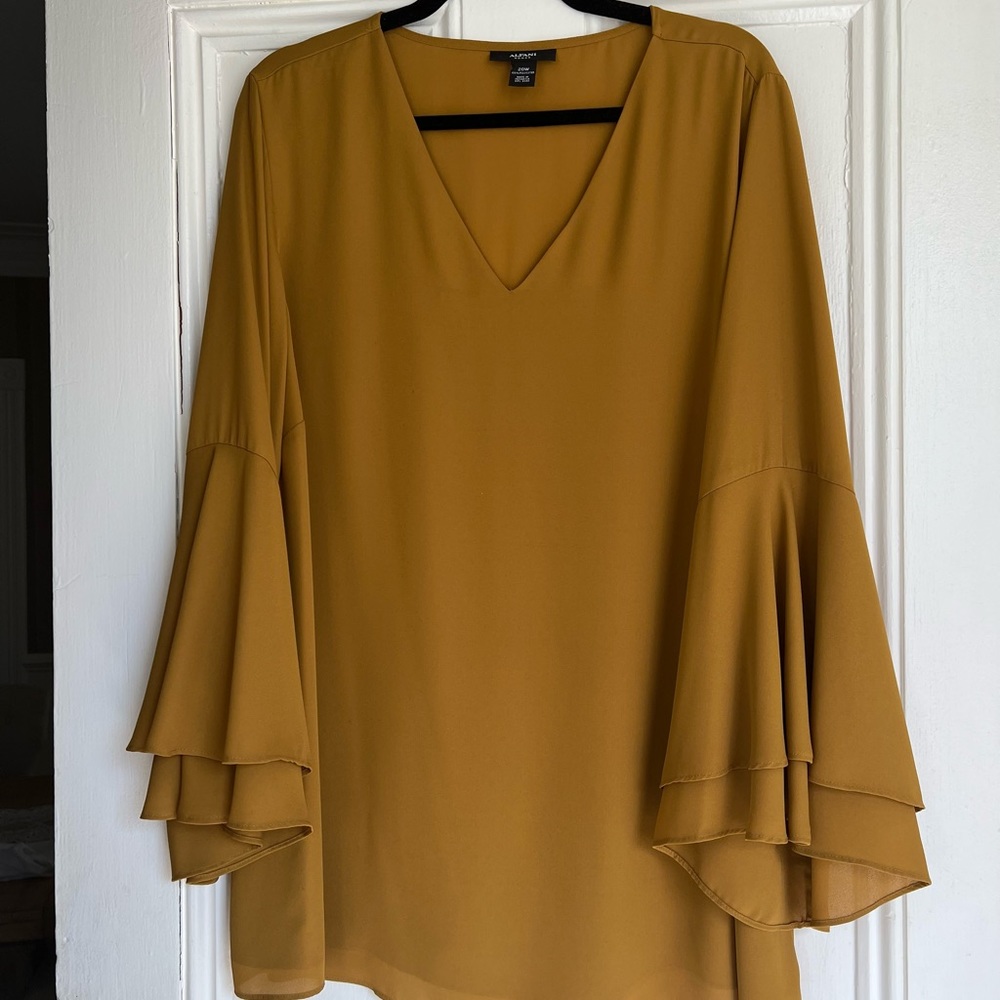 Alfani Blouse in mustard with butterfly sleeves.
